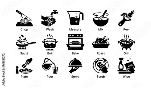 Cooking icons set: chop, wash, measure, mix, peel, sauté, boil, bake, roast, grill