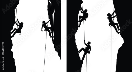 Dynamic vector graphic illustration depicting multiple rock climbers navigating treacherous mountain cliffs.