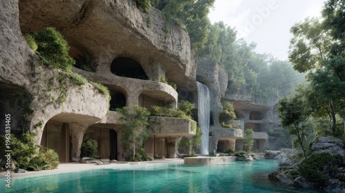 Cliffside architecture with water feature and lush vegetation