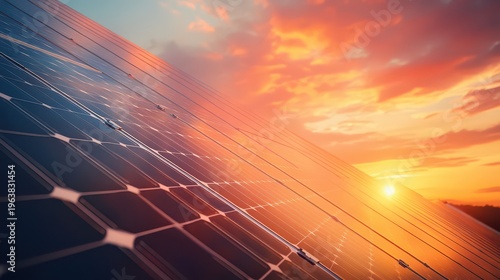 A solar panel array at sunset with a vibrant orange sky