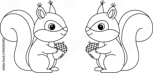 Two cartoon squirrels holding acorns in a playful illustration