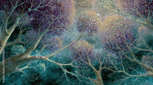 Abstract illustration of flowering trees with vibrant colors and dreamy atmosphere