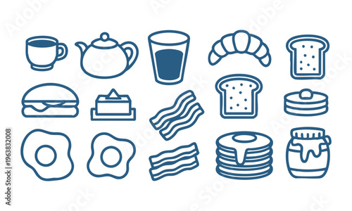 Food doodle breakfast icon set with coffee eggs and pancakes vector.