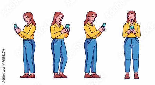 Four illustrations of a woman standing and looking at her smartphone from different angles, depicting mobile device usage and digital interaction.