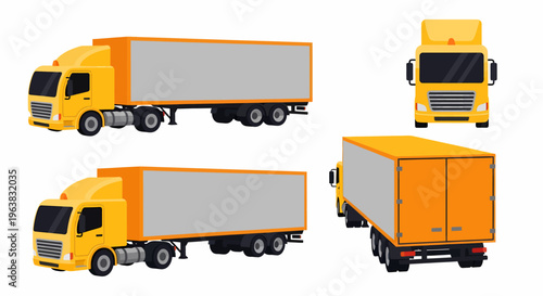 Multiple views of a yellow semi-truck with a grey cargo trailer, illustrating different perspectives for transport and logistics.