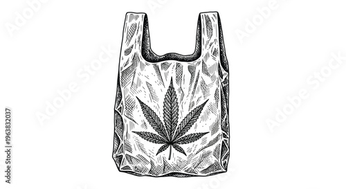 Vector illustration of a plastic grocery bag with a marijuana cannabis leaf graphic design on white background.
