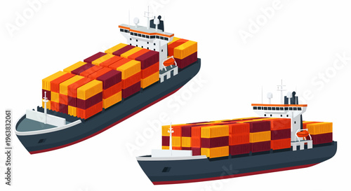 Two large cargo container ships loaded with colorful shipping containers, isolated on a white background, representing global trade and logistics.