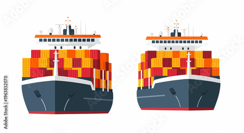 Two stylized front views of large cargo container ships loaded with colorful shipping containers, isolated on a white background.