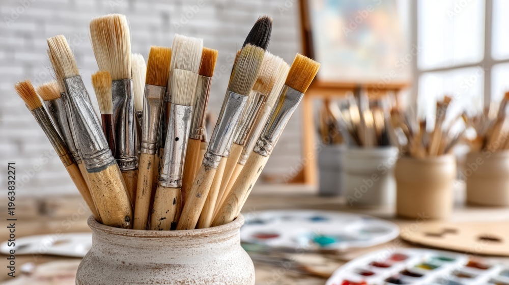 Fototapeta premium Ceramic Jar Holding Various Paintbrushes in Artist Studio Environment