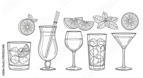 Minimalist black and white vector graphic of assorted drink glasses with refreshing cocktail ingredients.