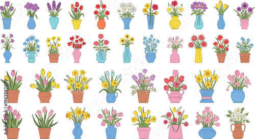 Colorful flower pot vector collection with blooming spring flowers in decorative vases and pots, perfect for garden, home decor, floral design, and botanical illustration projects