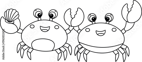 Two smiling crabs holding shells side by side