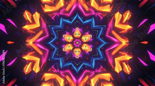 Abstract kaleidoscopic pattern design with vibrant neon colors and symmetry
