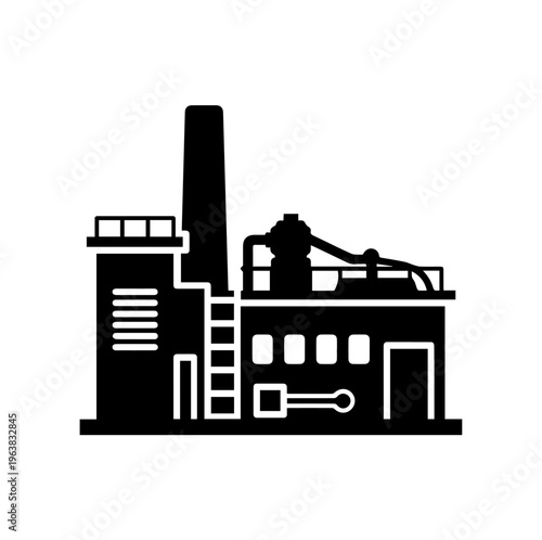 Mechanical Assembly Plant Silhouette Vector with Production Line Machinery and Industrial Chimney Icon for Automotive and Heavy Equipment Design