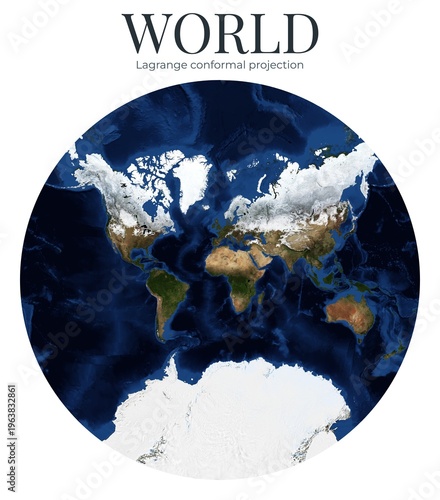 World Map. Lagrange conformal projection. High Detail Physical Map of The Earth. Raster Graphic Illustration. Elements of this image furnished by NASA.