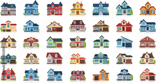 Colorful suburban house collection with diverse residential architecture styles, modern and classic home facades vector set isolated on white background for real estate design