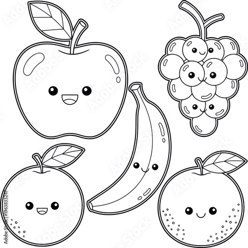 A group of smiling fruits with cartoon faces