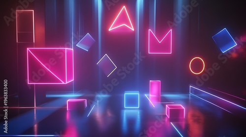 Abstract neon geometric shapes floating in darkness with bright glowing lights