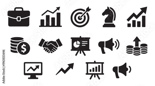 Business and finance vector icons set for financial success strategy and corporate growth concepts