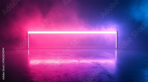 Abstract neon rectangle frame illuminated against smoke background in studio