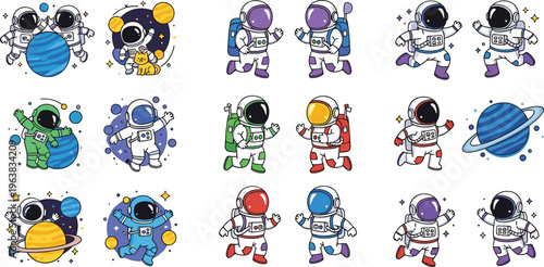 Cute astronaut collection with space exploration characters, planets and galaxy elements, cartoon cosmos illustration set isolated on white background for kids design
