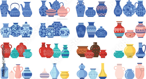 Decorative ceramic vase collection with colorful pottery styles and ornamental patterns, vintage and modern home decor vessels set isolated on white background