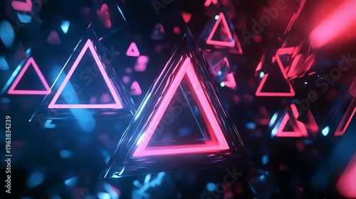 Abstract neon triangles glowing against a dark background with light effects