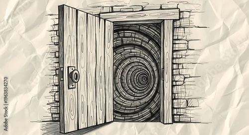 Surreal Sketch of Open Door Leading into Infinite Spiral Tunnel