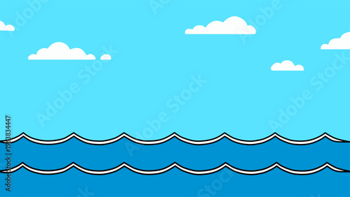 Minimalist Flat Vector Sea Landscape with Blue Waves and Clouds