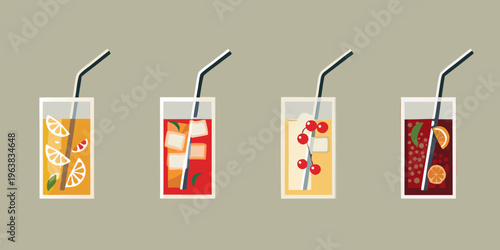 Four refreshing drinks in glasses with straws and fruit garnishes