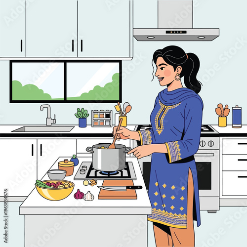 Woman cooking food in kitchen preparing a healthy meal with fresh ingredients on stove top
