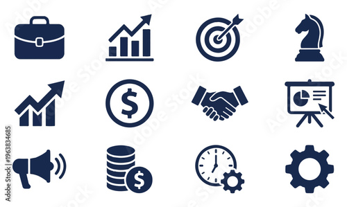 Business and finance icons set representing corporate success and strategy planning in flat design