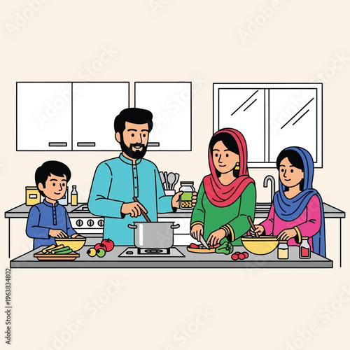 Happy pakistani family cooking together in modern kitchen interior