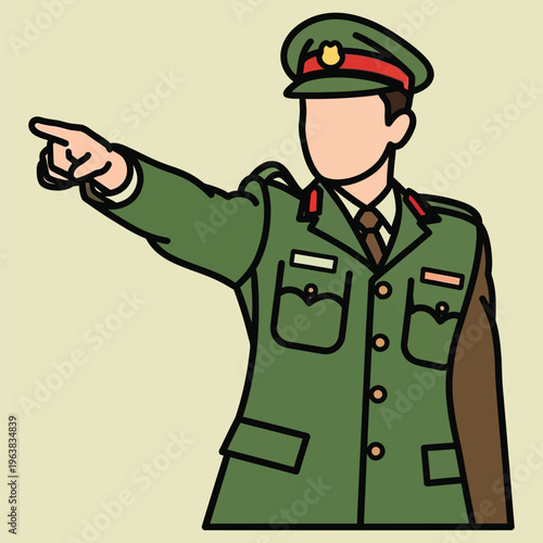Military officer in green uniform pointing forward with authoritative gesture