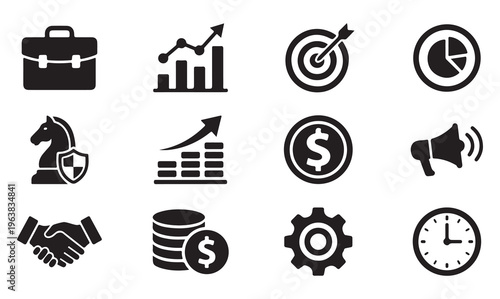 Strategic business icons featuring shield protection chess knight clock pie chart and financial coin symbols