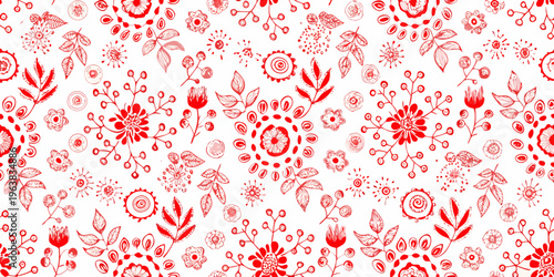 Red floral pattern a whimsical hand drawn style repeating background