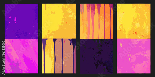 Abstract composition of six colorful textured and vertically oriented panels