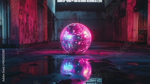 Abstract sphere in a reflective setting with colorful neon lighting