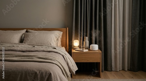 Calm neutral bedroom bedside table with lamp diffuser and linen