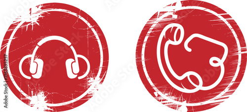 White headphone and telephone receiver icons are displayed inside two distressed red circular stamps