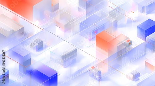 Abstract Isometric Data Center Illustration with Translucent Blue and Orange Cubes Representing Cloud Computing and Blockchain