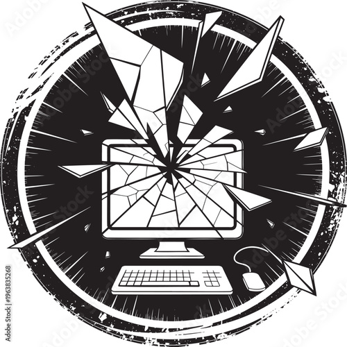 A shattered computer monitor screen with fragmented pieces exploding outwards from a distressed circular frame