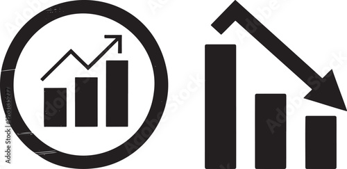 Solid black bar graphs depicting upward progress and a significant downward trend