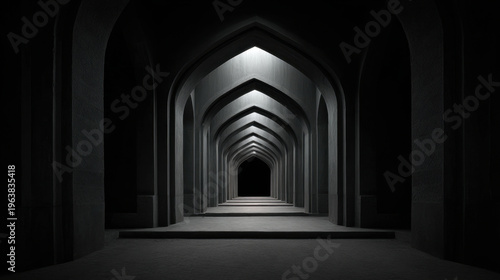 Gothic doorway repeating infinitely within itself in dim vaulted corridor, symmetrical arches receding into darkness with moody lighting and stone textures conveying mystery and depth