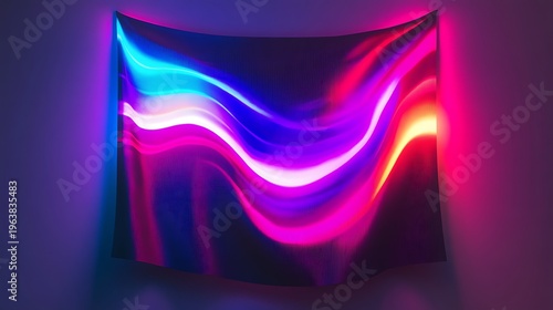 Abstract swirling light display on a wall with neon colors and shadow