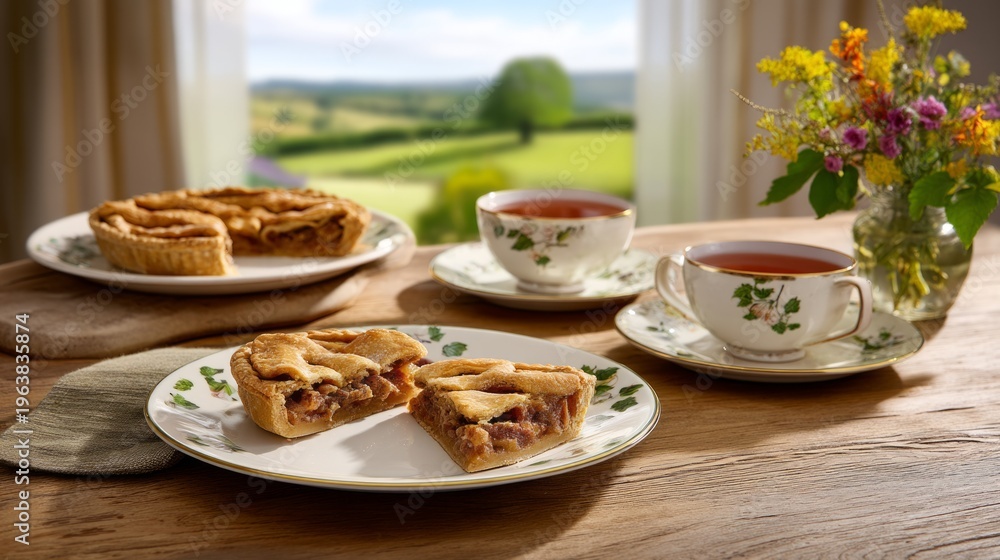 Fototapeta premium Vintage Porcelain Plates with Pie Slices, Breakfast Table Setting in Nature