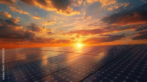 A large solar panel array under a vibrant orange and blue sunset sky with scattered clouds