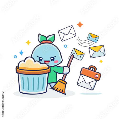 Cute character sweeping emails into recycle bin. Email management, inbox cleaning, digital decluttering, spam removal concept.