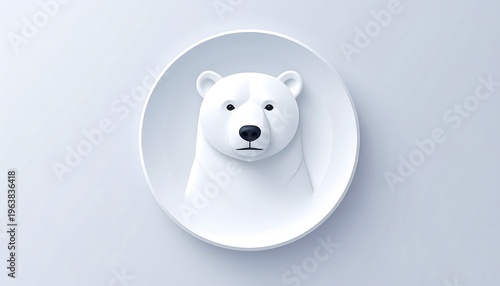 A 3D render of a polar bear's head centered in a white circular depression, set against a pale blue-gray background