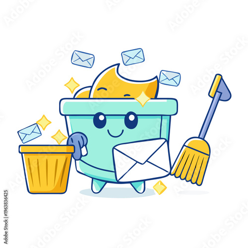 Cute character sweeping emails into recycle bin. Email management, inbox cleaning, digital decluttering, spam removal concept.